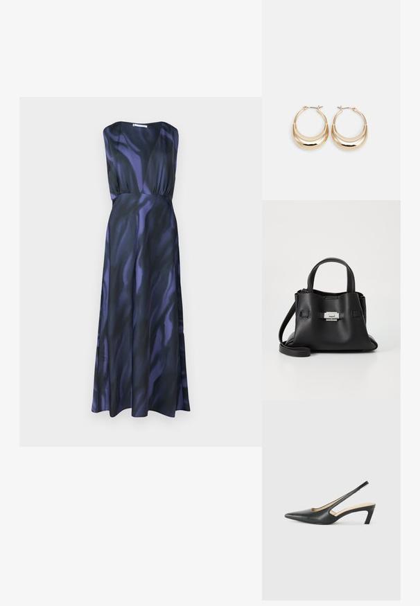 Bezramínková dlouhá šaty v tmavě fialové barvě s vlnitým vzorem. Má hluboký výstřih do V a přiléhavý pas, který přechází do rozšířeného spodního lemu. Hladká textura.; Černý špičatý slingback s nízkým podpatkem, vyrobený z hladké kůže, s výřezem na boku pro lepší prodyšnost.; Černá kožená kabelka s texturovaným povrchem, vybavená dvěma horními uchy, odnímatelným ramenním popruhem a stříbrným detailem s uzávěrem.; Náušnice ve tvaru kroužku zlaté barvy s půlměsícovým tvarem, lesklým povrchem a závěrečným uzávěrem. Hladká textura a reflexní povrch zvyšují viditelnost.
