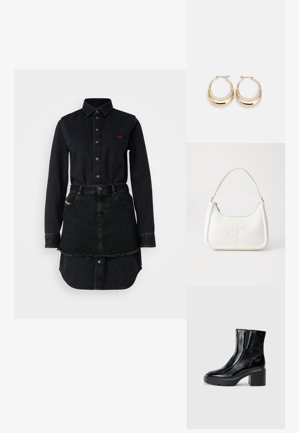 Svart denimkjole med knappelukking, lange ermer og slitt kant. Har en rød logo på brystet og to lommer.; Sorte lakkskinn ankelstøvler med buet tå, elastiske sidestykker og en chunky klossheel. Har preget logo på baksiden.; Hvit lærveske med en buet fasong, med et preget "CK"-logo på forsiden og en enkel skulderstropp. Glidelåslukking på toppen.; Gulltonede hoop-øreringen med en halvmåneform, polert overflate og hengsel-lukking. Glatt tekstur og reflekterende finish øker synligheten.