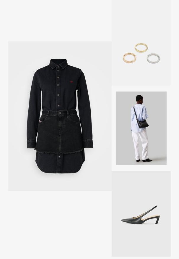 Čierna džínová košeľová šaty s gombíkovým zapínaním, dlhými rukávmi a roztrhnutým lemom. Zdobenie tvoria červené logo na hrudi a dve vrecká.; Čierne slingback topánky s ostrou špičkou a nízkym opätkom, vyrobené z hladkej kože a s výrezmi na boku pre lepšiu priedušnosť.; Čierna kožená ramenná taška so mäkkou textúrou, trojuholníkovým tvarom a nastaviteľným popruhom, skombinovaná s svetlomodrou pruhovanou košeľou a bielymi nohavicami.; Triumf kovových prsteňov: jeden v ružovom zlate, jeden zlatý s textúrovanými akcentmi a jeden strieborný, všetky s gravírovaným logom na vnútornej strane.