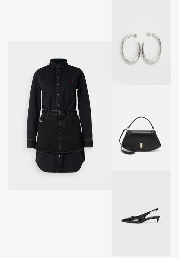 Robe chemise en denim noir avec fermeture à boutons, manches longues et ourlet effiloché. Présente un logo rouge sur la poitrine et deux poches.; Talons hauts en cuir noir avec un bout pointu, dotés d'un talon fin et d'un accent en ton or sur la lanière réglable. Texture lisse.; Sac à main en cuir noir avec un design structuré, featuring une forme cropped, une poignée supérieure et des accents en matériel doré. Bandoulière réglable incluse.; Boucles d'oreilles en argent avec un design lisse et courbé. Présentent une finition métallique brillante et une fermeture à clou. Pas de motifs ou d'accents visibles.