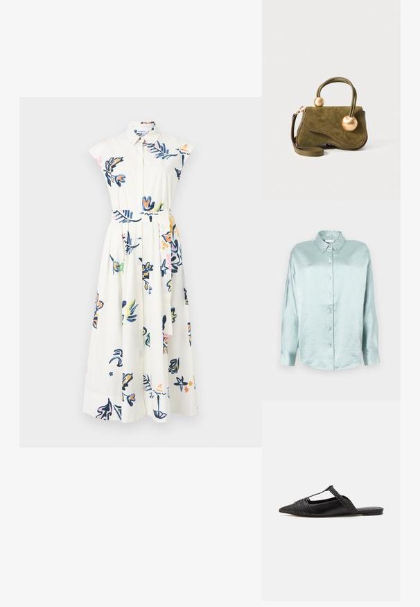 Abito bianco con maniche corte, con motivo floreale in blu, rosa e verde, frontale con bottoni e una cintura in tessuto in vita.; Camicia azzurra chiara con bottoni realizzata in un tessuto lucido e morbido; presenta un colletto, maniche lunghe e un orlo arrotondato con una vestibilità comoda.; Scarpa slingback in pelle nera con punta appuntita, con un dettaglio intrecciato e un design superiore plissettato. Suola piatta con hardware minimale.; Borsa in suede verde olivo con un design ondulato, due dettagli arrotondati in ottone, manico corto attorcigliato e una tracolla rimovibile.