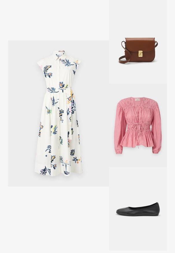 Biela šatová šaty s krátkymi rukávmi, kvetinové vzory v modrej, ružovej a zelenej farbe, predné zapínanie na gombíky a textilný opasok v oblasti pása.; Blúzka s červenými a bielymi pruhmi, dlhými rukávmi, zhromaždeným korzetom a nastaviteľným šnúrkovým pásom, s volánovým lemom.; Čierne kožené baleríny s okrúhlou špičkou, hladkým povrchom, minimálnym prešívaním a flexibilným dizajnom podrážky.; Hnedá kožená kabelka s klopou, zlatými kovovými prvkami, ramenným popruhom a hladkým povrchom. Kompaktný obdĺžnikový tvar.