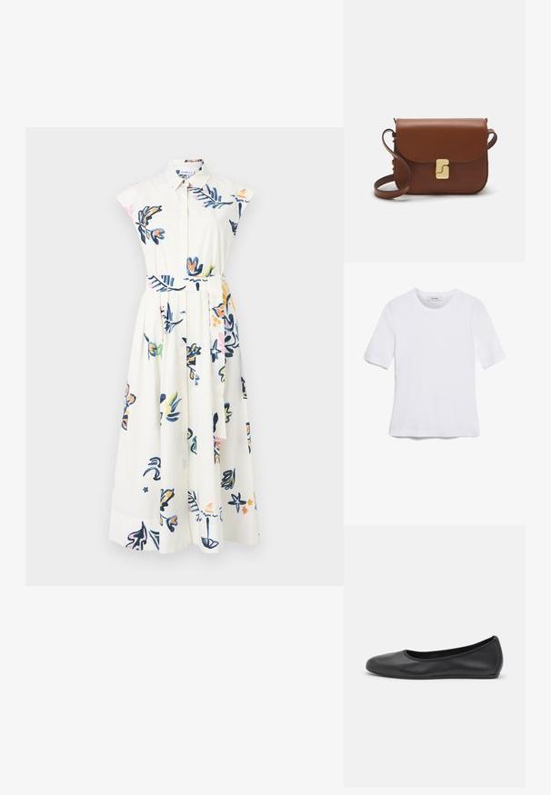 Robe blanche à manches courtes, motifs floraux en bleu, rose et vert, avec un devant à boutons et une ceinture en tissu à la taille.; T-shirt blanc à manches courtes en tissu côtelé. Col rond, coupe régulière et détails de couture subtils. Aucune motif ni graphique.; Ballerines en cuir noir avec un bout rond, texture lisse, détails de couture minimalistes et design de semelle flexible.; Sac à main en cuir marron avec une fermeture à rabat, des accents en métal doré, une bandoulière et une texture lisse. Forme rectangulaire compacte.