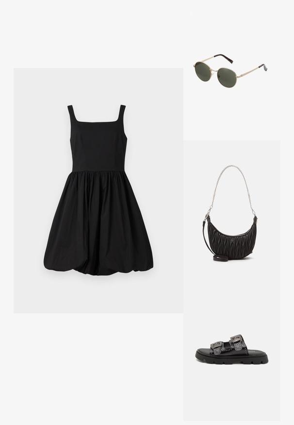 Black sleeveless dress with a square neckline, fitted bodice, and gathered, flared skirt ending in a rounded hem. Smooth fabric.; Black sandals featuring two wide straps with decorative studs and detailed buckles, set on a sturdy textured rubber sole.; Round sunglasses with metallic gold frames and dark green lenses. The arms feature a tortoiseshell design for added detail.; Black faux leather handbag with quilted texture, curved shape, silver chain strap, and a small logo accent at the front.