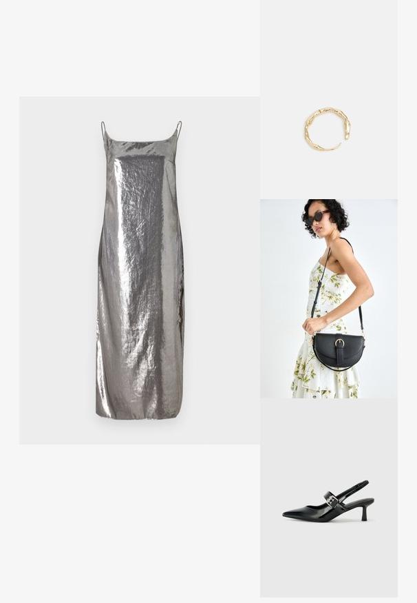Srebrna metalik slip haljina s tankim naramenicama, glatke teksture i ravnog silueta, s suptilnim sjajem i minimalističkim dizajnom.; Crne lakirane slingback potpetice s oštrim prstom i malom blok petom, s naglaskom na srebrnoj kopči na remenu.; Crna kožna torba s lukovitim oblikom, odvojivim remenom i zlatnim detaljima. Torba ima preklop s kopčom.; Prsten u zlatnoj nijansi s organskim, uvijenim dizajnom, glatkom teksturom i suženim krajevima, koji stvara moderan, skulpturalni izgled.