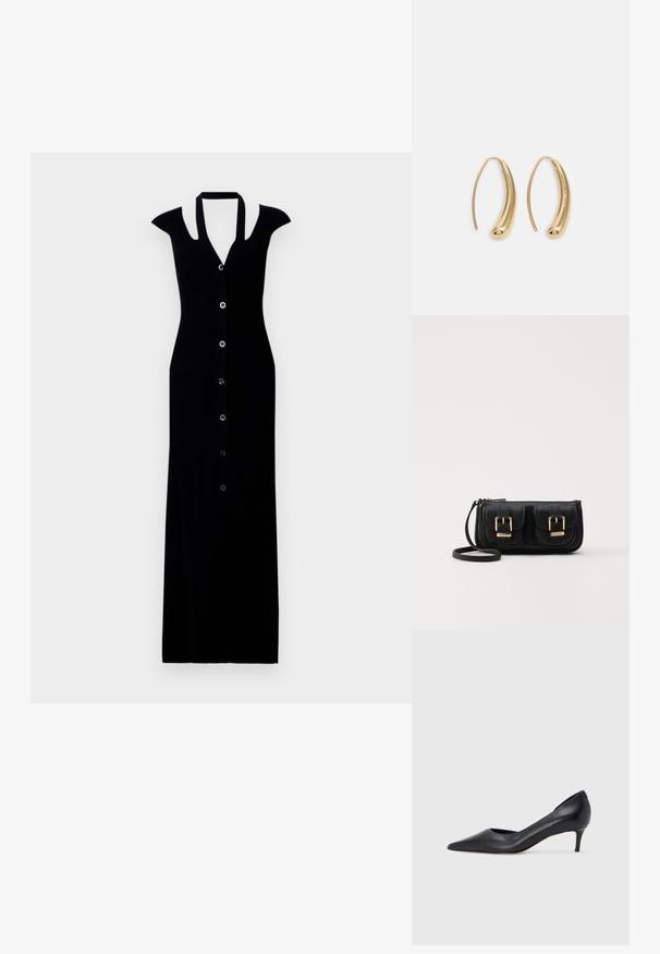 Rochie maxi neagră cu dungi verticale, cu mâneci scurte, închidere cu nasturi, decolteu adânc în formă de V și siluetă ajustată. Textură netedă și design elegant.; Pantof din piele neagră, cu vârf ascuțit și toc mic. Are o textură netedă și un luciu subtil. Decupaj deschis în partea din față pentru un detaliu suplimentar.; Geantă neagră din piele, tip crossbody, cu două buzunare frontale, catarame aurii, închidere cu fermoar și o curea subțire. Suprafață texturată și formă rectangulară compactă.; Cercei din metal auriu, cu un design curbat și alungit. Au o suprafață netedă și strălucitoare, cu un vârf rotunjit pentru un detaliu suplimentar.