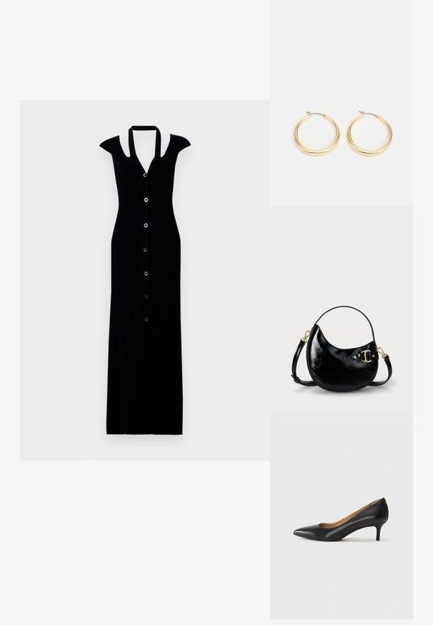 Mustra mustriga maksikleit lühikeste varrukatega, nööpide ees, sügava V-dekolteega ja sobiva siluetiga. Sile tekstuur ja stiilne disain.; Must musta musta, millel on terav nina, madal konts ja sile tekstuur. Omab pisut avatud osa ees ja minimaalset riistvara taga.; Must musta nahk käekott kumerate joontega, reguleeritava rihmaga ja kuldse tooniga detailidega küljel. Sile, särav tekstuur.; Kuldtooni rõngashelmestega kõrvarõngad, millel on sile ja ümar disain, õhukese traadist lukuga ning poleeritud viimistlus, mis tagab läikiva välimuse.