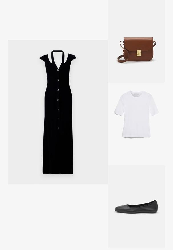 Black ribbed maxi dress with cap sleeves, button front, deep V-neck, and fitted silhouette. Smooth texture and sleek design.; White short-sleeve t-shirt made of ribbed fabric. Round neckline, regular fit, and subtle stitching details. No patterns or graphics.; Black leather ballet flat with a rounded toe, smooth texture, minimal stitching detail, and a flexible sole design.; Brown leather handbag with a flap closure, gold-tone hardware, a shoulder strap, and a smooth texture. Compact rectangular shape.
