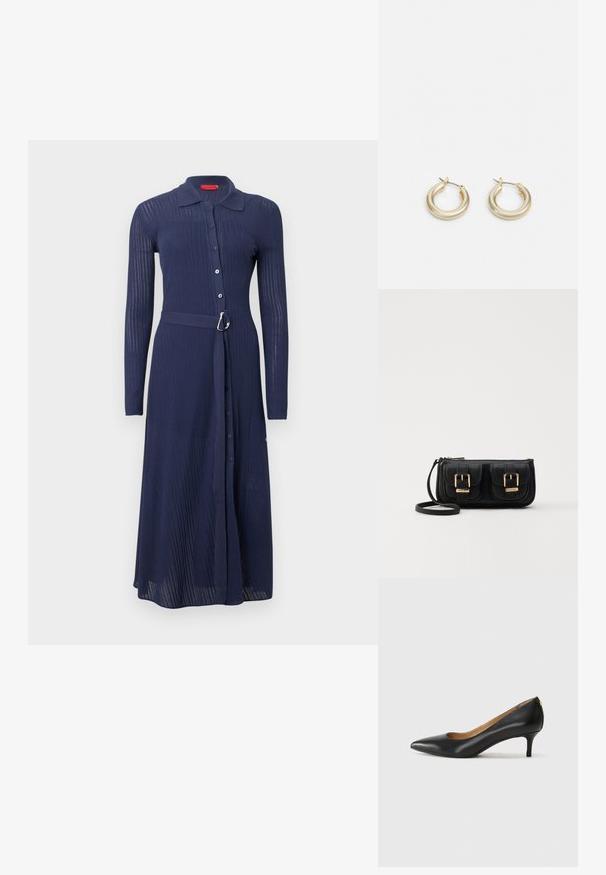 Navy blue ribbed dress with long sleeves, button-down front, and a belted waist featuring a silver buckle. Features a collar and full-length design.; Black leather pump with a pointed toe, low heel, and a smooth texture. Features a slight opening at the front and minimal hardware at the back.; Black leather crossbody bag with two front pockets, gold buckles, zipper closure, and a slim strap. Textured surface and compact rectangular shape.; Lauren Ralph Lauren BASIC SMALL HOOP - Earrings - gold-coloured