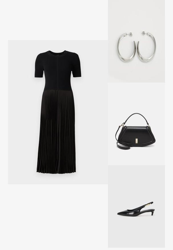 Abito nero con top a costine e gonna plissettata. Maniche corte e scollatura rotonda. Il materiale sembra morbido con una superficie liscia.; Tacchi slingback in pelle nera con punta affusolata, caratterizzati da un tacco alto e un accento dorato sulla cinghia regolabile. Texture liscia.; Borsa a mano in pelle nera con un design strutturato, caratterizzata da una forma corta, manico superiore e accessori in metallo dorato. Inclusa tracolla regolabile.; Orecchini a cerchio argentati con un design liscio e curvo. Presentano una finitura metallica lucida e una chiusura a perno. Nessun motivo o accentuazione visibile.