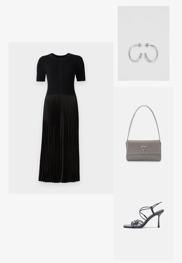 Črna obleka z rebrastim vrhom in plisejsko krilo. Kratke rokave in okroglo ovratnico. Material se zdi mehak z gladko teksturo.; Črne visoke sandale na peto imajo tanke naramnice z vozlom, gladek kvadratni toe in eleganten stiletto peto.; Svetlo siva kovinska torbica z verižnim ročajem, okrašena z majhnimi okroglimi kovinskimi bleščicami in trikotnim logotipom blagovne znamke.; Srebrne obročaste uhane z gladko, sijočo površino. Zaobljena oblika, lahka zasnova, z zapiranjem na zatič.