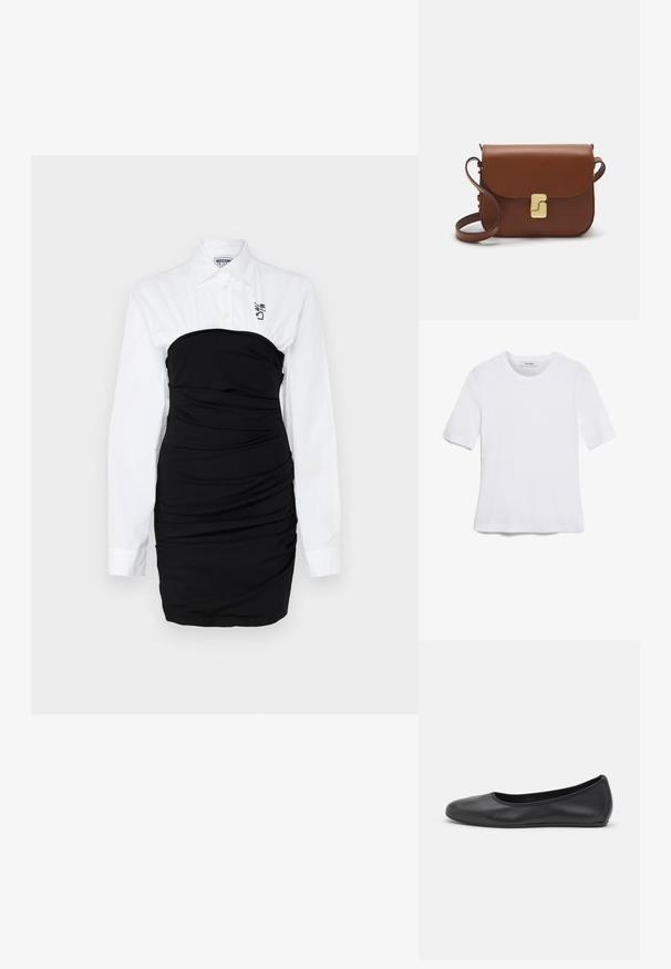 Musta, vartaloa myötäilevä mekko, jossa on poimuja ja valkoinen kauluspaitamainen yläosa sekä brodeerattu logo rinnassa.; Valkoinen lyhythihainen t-paita, joka on valmistettu ribbytedusta kankaasta. Pyöreä pääntiie, normaali istuvuus ja hienovaraiset ompeluyksityiskohdat. Ei kuvioita tai grafiikkaa.; Musta nahkainen ballerina, jossa on pyöristetty kärki, sileä pinta, minimaalinen ommelkoristelu ja joustava pohjamuotoilu.; Ruskea nahkainen käsilaukku, jossa on läppäkiinnitys, kultasävyiset yksityiskohdat, olkahihna ja sileä pinta. Kompaktin suorakaiteen muotoinen.