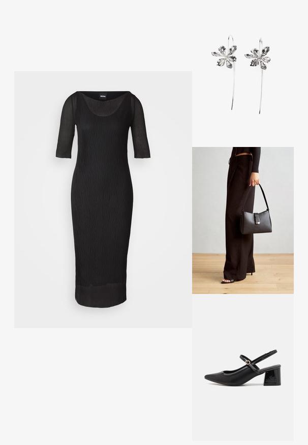 Črna obleka z okroglim izrezom, rokavi tri četrtine in teksturo z navpičnimi naborki. Do kolen, s prilegajočo silhueto in prozornimi detajli.; Črne patentne usnjene salonarce s slingback obliko, s koničastim nosom, zaobljenim izrezom in blok peto. Imajo zlato kovinsko zaponko kot dodatno okrasje.; Črna torbica z strukturirano obliko, gladko teksturo in kovinskim zaponko. Ujemajo se z širokimi črnimi hlačami in odprtimi sandali na lesenem tleh.; Srebrne uhani v obliki rože z teksturirano površino, ki imajo dolge kavljice in podrobnosti, podobne cvetnim listom, kar ustvarja zapleten dizajn.