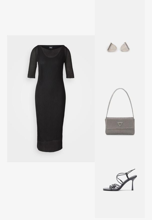 Fekete ruha, kerek kivágással, háromnegyedes ujjal és függőleges redőzéssel. Térd alatt végződik, testhez simuló fazonban, áttetsző részekkel.; Fekete magas sarkú szandálok vékony pántokkal, csomózott mintával, sima négyzetes orral és karcsú stiletto sarkal rendelkeznek.; Világosszürke fémes kézitáska lánc pánttal, kis kör alakú fém kifinomult díszítéssel és háromszög alakú márkagéppel.; Ezüst fém fülbevalók sima, csepp alakú formával és fényes felülettel. Finom gravírozások teszik részletessé. Minimalista dizájn.