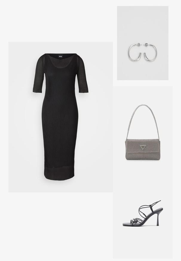 Juoda suknelė su apvaliu iškirpimu, trijų ketvirčių rankovėmis ir vertikaliomis raukšlėmis. Kelio ilgio, su prigludusia siluetu ir permatomais akcentais.; Juodos aukštakulnės sandalai pasižymi plonyčiais dirželiais su mazgo dizainu, lygiu kvadratiniu pirštu ir elegantišku stiletto kulnu.; Šviesiai pilka metalinė rankinė su grandinėlės dirželiu, papuošta mažais apvaliais metaliniais smeigėmis ir trikampiu prekės ženklu.; Sidabrinės auskarai žiedai su lygiu, blizgiu paviršiumi. Suapvalinta forma, lengvas dizainas, su uždarymu ant smeigtuko.