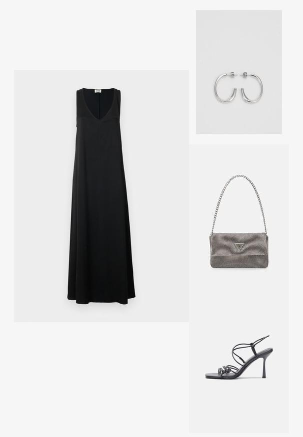 Crna bezrukavna maksi haljina s dubokim V-dekolteom. Izrađena od glatkog materijala, ima opušten kroj i dužinu do poda. Bez vidljivih uzoraka ili ukrasa.; Crne sandale na visokoj potpetici imaju tanke trake s čvorastim dizajnom, glatki kvadratni vrh i elegantnu stiletto petu.; Svijetlosivi metalik ruksač s lancem, ukrašen malim okruglim metalnim zakovicama i trokutastim logotipom marke.; Srebro naušnice u obliku prstena s glatkom, sjajnom završnom obradom. Zaobljenog oblika, laganog dizajna, s kopčom na poleđini.