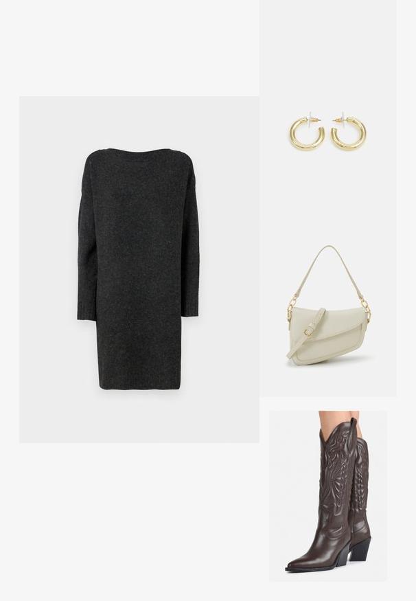 Hosszú, sötétszürke pulóverruha, puha, strukturált anyagból készült. Széles nyakkivágással és hosszú, testre simuló ujjakon bordázott mandzsettával rendelkezik.; Barna bőr cowboy csizmák hegyes orral és blokk sarkal, részletes varrással és kiemelkedő díszítésekkel a szárán.; Kis krémszínű táska texturált felülettel, hosszú, állítható pánttal, láncos díszítéssel és fedéllel záródik. Aranyszínű fém részletek.; Arany fülbevalók sima, fényes felülettel. Kör alakú dizájn, amely kis kapoccsal és átlátszó tartozékkal rendelkezik a biztonságos viselés érdekében.