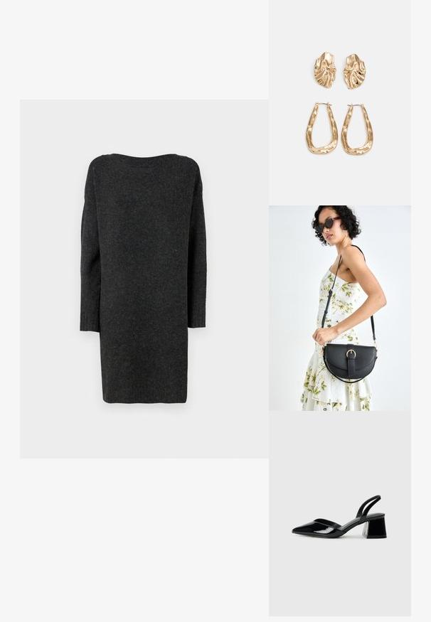 Dolga, temno siva pulover obleka, izdelana iz mehke, teksturirane tkanine. Ima širok izrez in dolge, oprijete rokave z rebrastimi manšetami.; Črne lakirane slingback pete s koničastim nosom in geometrijsko blokasto peto. Imajo eleganten, minimalističen dizajn in gladko teksturo.; Črna usnjena torbica s ukrivljeno obliko, z odstranljivo naramnico in zlatimi dodatki. Torbica ima pokrov s podrobnostmi v obliki zaponke.; Zlato obarvani uhani z teksturiranimi, valovitimi oblikami. Vključujejo skulpturalne sponke za ušesa in odprto obliko obročka s kladivastim finišem.