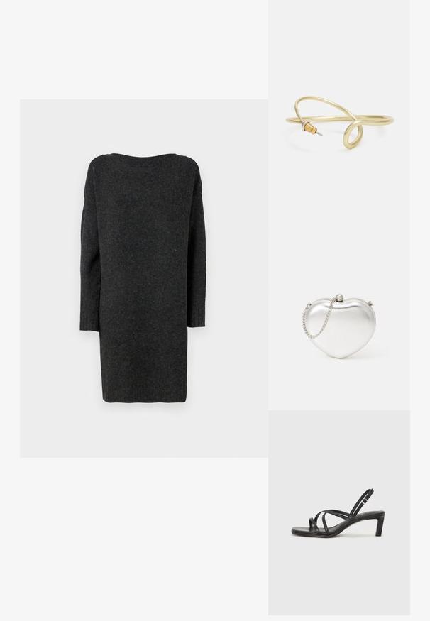 Garšs, tumši pelēks džemperkleita, izgatavota no mīksta, teksturēta materiāla. Ar plašu kakla izgriezumu un garām, cieši pieguļošām piedurknēm ar ribotām aprocēm.; Melnas strappy sandales ar kvadrātveida purngaliem un zemu bloku papēdi. Ievērojamas ar vairākiem plāniem siksniņām un regulējamu potītes siksniņu. Izgatavotas no gludas ādas.; Sirds formas metāla sudraba somiņa ar gludu tekstūru, aizbāznis un sudraba ķēdes siksna.; Zelta krāsas metāla aproce ar šķidrām, viļņveidīgām formām. Vienā galā ir neliels, izteikts sudraba krāsas akcents.