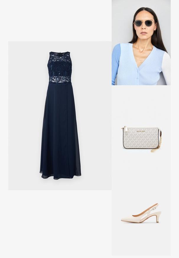 Tengerészkék estélyi ruházat csipkebetéttel, flitterekkel, ujjatlan kialakítással és egy folyó szoknyával, amely magas hasítékkal rendelkezik.; Fehér slingback sarok, hegyes orral, sima felső anyaggal, alacsony blokk sarkával és oldalsó kivágott dizájnnal, állítható csatpánttal.; Kerek napszemüveg sötét lencsékkel és arany kerettel. A modellen világoskék, bordázott kardigán van gombokkal és kontrasztos fehér ujjaival.; Michael Kors bézs bevonatos vászon karkötő, amely ismétlődő MK logó mintával, aranyszínű fémrészletekkel és levehető lánchordóval rendelkezik.