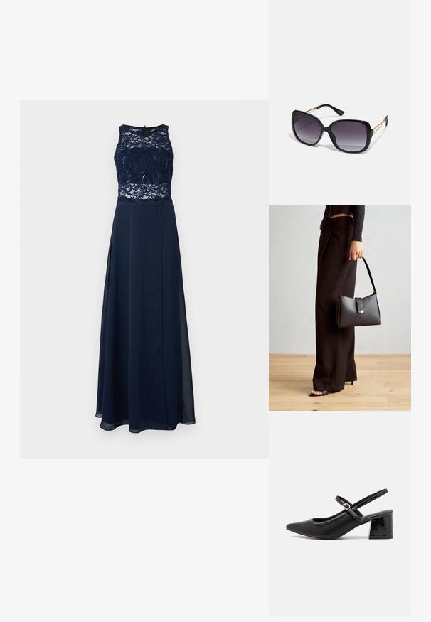 Abito da sera blu navy con corpetto in pizzo e paillettes, design senza maniche e gonna fluida con un dettaglio di spacco alto.; Décolleté in vernice nera con cinturino dietro, punta affusolata, design con ritagli arrotondati e tacco a blocco. Presenta un accento di fibbia tono oro.; Occhiali da sole neri oversize con lenti sfumate, montatura spessa e dettagli in catena dorata sulle astine.; Borsa nera con forma strutturata, texture liscia e una chiusura metallica. Abbinata a pantaloni neri larghi e sandali open-toe su un pavimento in legno.