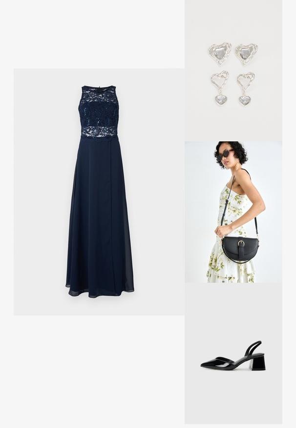 Navy blue evening gown featuring a lace bodice with sequins, sleeveless design, and a flowing skirt with a high slit detail.; Black patent leather slingback heels with a pointed toe and a geometric block heel. Features a sleek, minimal design and smooth texture.; Black leather handbag with a curved shape, detachable strap, and gold hardware. The bag features a flap with a buckle detail.; Silver heart-shaped earrings feature faceted clear stones, with a textured frame. The set includes stud and drop styles.