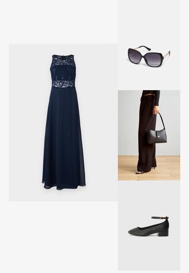Námornícka modrá večerná róba s čipkovým telom posiatym flitrami, bez rukávov a splývavou sukňou s vysokým rozparkom.; Čierne kožené lodičky s špicatou špičkou a nízkym blokovým podpätkom. Obsahuje remienok okolo členka so zlatým prackou. Hladký povrch.; Čierne oversized slnečné okuliare s gradientovými sklíčkami, hrubými rámami a zlatým retiazkovým detailom na stranách.; Čierna kabelka so štruktúrovaným tvarom, hladkou textúrou a kovovou sponou. V kombinácii so širokými čiernymi nohavicami a sandálmi s otvorenou špičkou na drevenej podlahe.