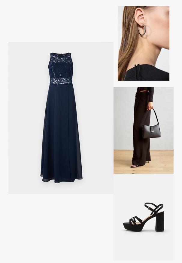 Mørkeblå aftenkjole med blonder i kjolelivet og perler, uden ærmer og en flydende nederdel med højt slids.; Sorte ruskinds platform sandaler med blokhæle, der har krydskrydsede remme og en spændeankelrem for en sikker pasform.; Sort håndtaske med struktureret form, glat overflade og metalspænde. Sammen med brede sorte bukser og sandaler med åben tå på trægulv.; Sølv hoop ørestik med en poleret overflade, prydet med små guld accenter og en rund form, båret på øreflippen.