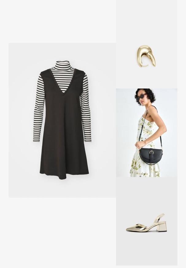 Black sleeveless dress with a V-neck, layered over a striped black and white long-sleeve top. Cotton fabric, loose fit, vertical stripes.; Gold, metallic slingback heels with a pointed toe and chunky heel. Smooth texture, minimalistic design, and a narrow strap.; Black leather handbag with a curved shape, detachable strap, and gold hardware. The bag features a flap with a buckle detail.; Gold-tone metal earring with a sleek, curved design. Features a distinctive pointed shape, polished surface, and hinge closure.
