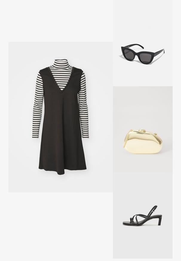 Černé bezramínkové šaty s výstřihem do V, vrstvené přes pruhované černobílé tričko s dlouhým rukávem. Bavlněná tkanina, volný střih, vertikální pruhy.; Černé sandály na tenkém podpatku se čtveratou špičkou a nízkým blokovým podpatkem. Mají několik tenkých popruhů a nastavitelné zapínání okolo kotníku. Vyrobeny z hladké kůže.; Černé sluneční brýle ve stylu kočičích očí s matným povrchem, vybavené šedými zabarvenými skly, ostrými liniemi a elegantními bočními rameny. Název značky viditelný na vnitřní straně ramene.; Metalická zlatá kabelka s hladkým, zaobleným tvarem, opatřená horním zapínáním na knoflík a malým řetízkovým popruhem pro nošení.
