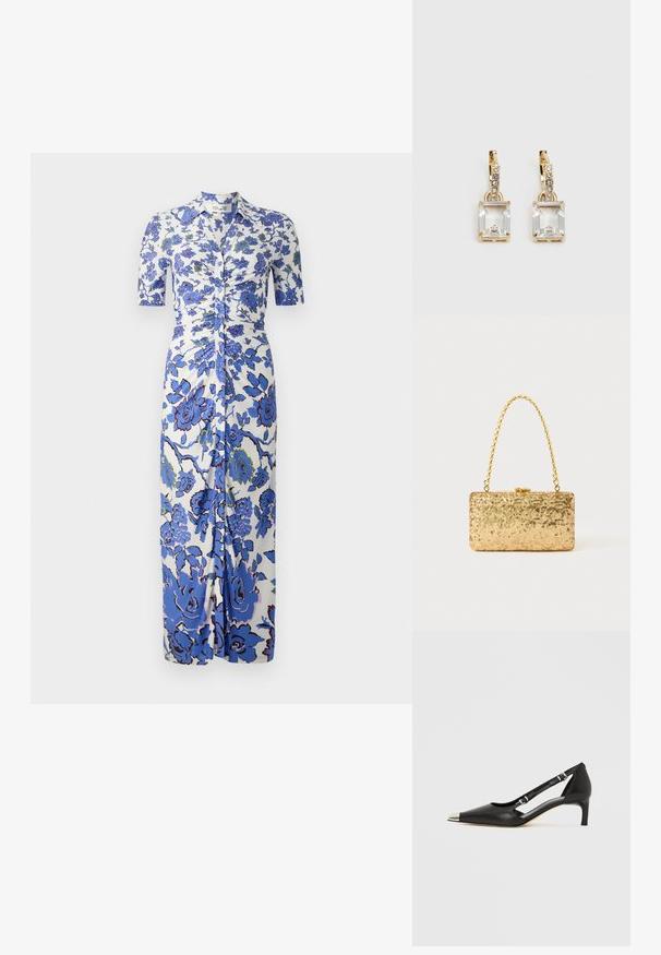 Blommig klänning med vit bakgrund och blå blommor, korta ärmar, knäppning framtill och rynkad detalj vid midjan.; Svart läder kitten heel med spetsig silver-tåhätta och dubbla remmar med spänne på vit bakgrund.; Guldpaljetterad kuvertväska med rektangulär form, utrustad med ett vridet kedjehandtag och ett metallspänne, som reflekterar ljus med en strukturerad yta.; Guldtonade örhängen med en rektangulär, klar kristall som hänger under en rad av små, runda klara accenter. Snygg, modern design.