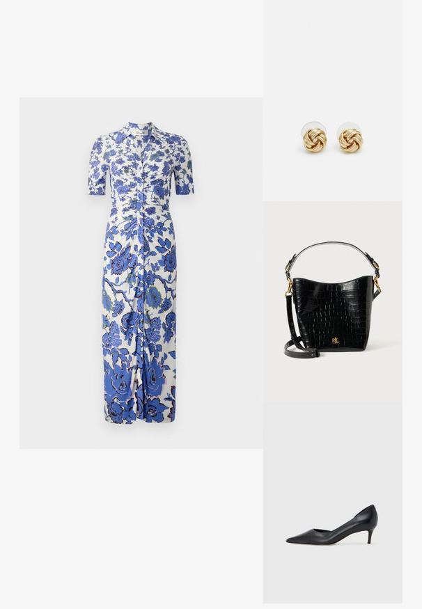 Virágmintás ruha fehér alapszínen kék virágokkal, rövid ujjak, gombos elülső rész és rakott díszítés a derékon.; Fekete bőr magassarkú cipő hegyes orral és alacsony sarokkal. Sima felülettel és enyhe fényű kialakítással rendelkezik. Az elején nyitott részlet a fokozott díszítésért.; Fekete krokodil bőrhatású táska ívelt formával, arany színű fémalkatrészekkel, állítható pánttal és logó részlettel elöl.; Arany színű csomó fülbevalók, csavart formával. Minden fülbevaló mögött egy kör alakú átlátszó támasz található a biztonságos viselés érdekében.