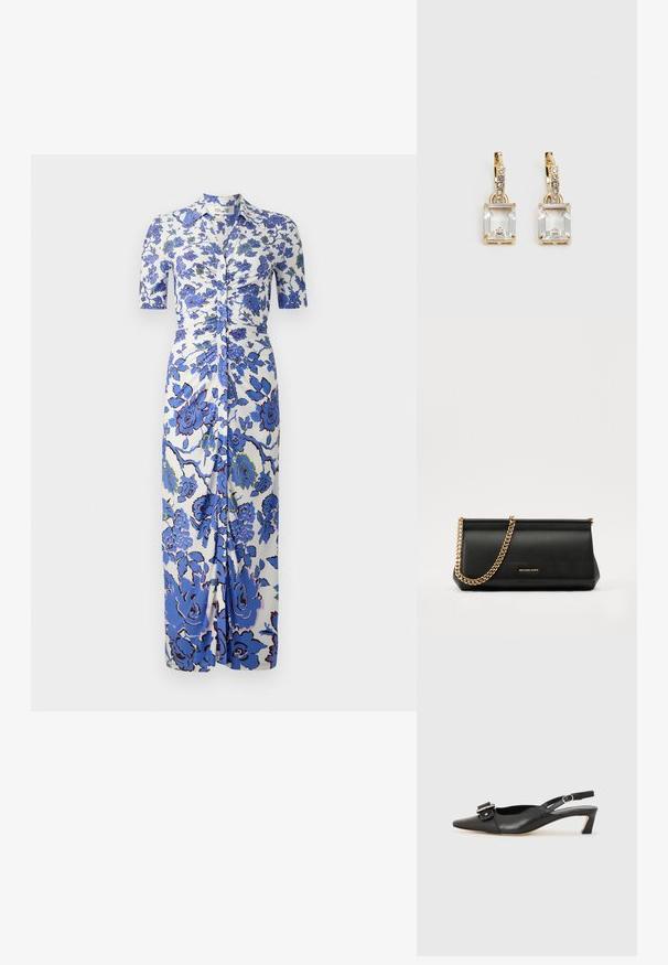 Gėlių suknelė su balta fone ir mėlynomis gėlėmis, trumpomis rankovėmis, su knopkiniu užsegimu priekyje ir susiūta detale ties juosmena.; Juodas odinis slingback batelis su smailiu nosiu, maža pakulne ir dekoratyvine sagtimi viršuje. Lygus paviršius, minimalistas dizainas.; Juodas odinis delninukas su auksine grandine, turintis lygų paviršių, stačiakampį išmatavimą ir įspaustą prekės ženklą priekyje.; Auksinės spalvos auskarai, kuriuose yra stačiakampis, skaidrus kristalas, kabantis po eile mažų, apvalių skaidrių akcentų. Šiuolaikiškas, modernus dizainas.
