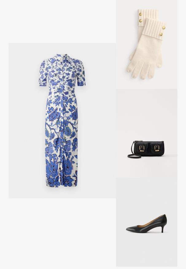 Rochie florală cu un fundal alb și flori albastre, mâneci scurte, închidere cu nasturi pe față și detalii plisate pe talie.; Pantofii din piele neagră au vârful ascuțit, toc mic și o textură netedă. Au o deschidere ușoară în față și un hardware minim în spate.; Geantă neagră din piele, tip crossbody, cu două buzunare frontale, catarame aurii, închidere cu fermoar și o curea subțire. Suprafață texturată și formă rectangulară compactă.; Mănuși din lână de culoare crem cu manșete texturate, având fiecare câte două butoane decorative aurii în vârful manșetelor. Textură moale cu deschideri pentru degete.