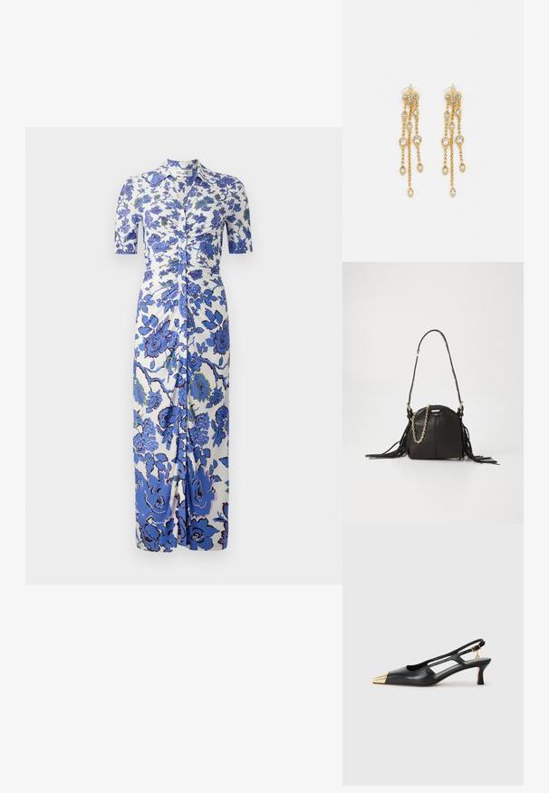 Virágmintás ruha fehér alapszínen kék virágokkal, rövid ujjak, gombos elülső rész és rakott díszítés a derékon.; Fekete bőr slingback cipő hegyes orral és arany fémes orrbetéttel. Kivágott designnal és vékony sarokkal rendelkezik, állítható pánttal.; Fekete bőr táska lekerekített formával, frufrus díszítéssel, hosszú vállpánttal és arany lánc részlettel.; Aranyszínű fülbevalók, több zuhanó lánccal, tiszta ovális strasszköves díszítéssel és dekoratív fülbevaló tetejével.