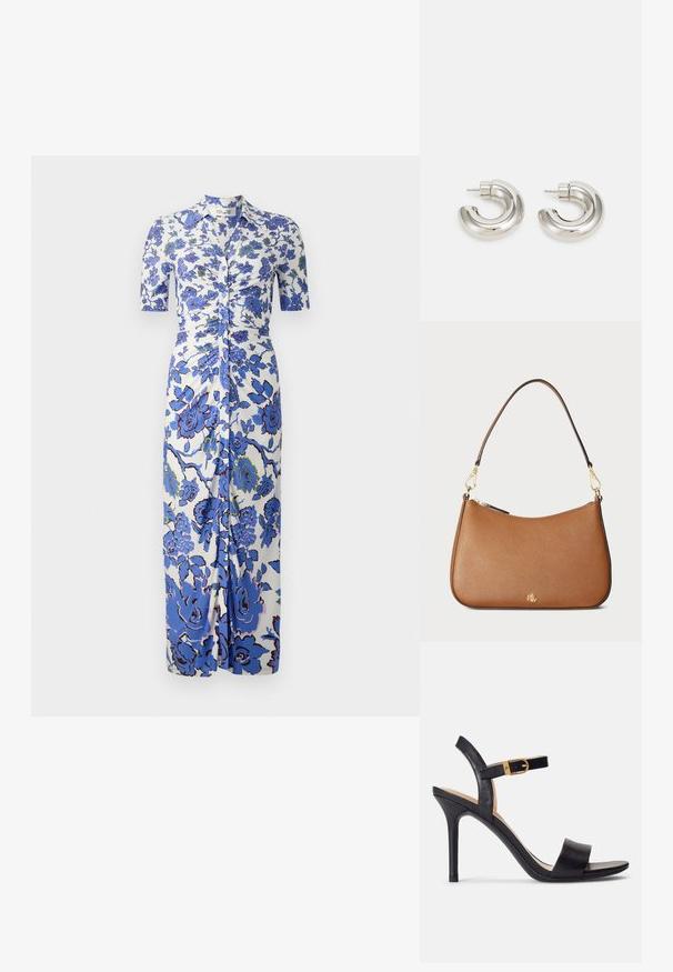 Květinové šaty se bílým pozadím a modrými květinami, krátkými rukávy, knoflíkovou přední částí a nařasením v pase.; Černé sandály na vysokém podpatku s hladkým koženým svrškem, otevřenou špičkou a designem s jedním popruhem, ozdobené zlatou sponou.; Hnědá kožená kabelka s texturou a zakřiveným tvarem, zlatými detaily a jedním ramenním popruhem. Obsahuje zipové uzavírání a logo.; Náušnice ve stříbrném odstínu ve tvaru hoop s hladkým, zakřiveným designem a texturovaným povrchem, které mají zapínání na hrot.
