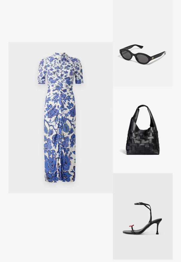 Virágmintás ruha fehér alapszínen kék virágokkal, rövid ujjak, gombos elülső rész és rakott díszítés a derékon.; Fekete magassarkú szandál vékony bokapánttal és piros díszítéssel az orrnál. Karcsú dizájnnal és fényes felülettel rendelkezik, stiletto sarkával.; Fekete ovális napszemüveg sötét lencsékkel és fényes műanyag kerettel. Aranyszínű logóval rendelkezik a szárán, amely elegáns és modern megjelenést biztosít.; Fekete bőrből készült szőtt válltáska laza formával és széles vállpánttal. Jellemzője a texturált, összefonódott minta sima felülettel.