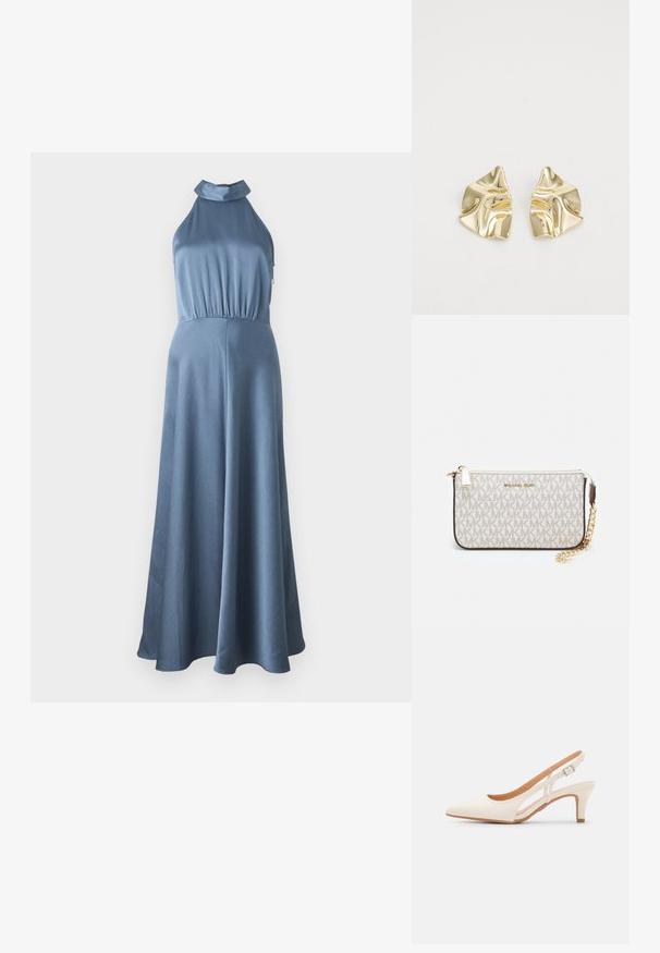 Sininen halterneck-mekko, jossa on teksturoitu kangas, istuva yläosa ja valuva hame. Mekossa on joustava vyötärö ja ei näkyvää metalliosaa.; Valkoinen slingback-korkokenkä, jossa on terävä kärki, sileä päällismateriaali, matala lohkokorko ja sivuaukko-design säädettävällä soljella.; Michael Kors kääröbeige pinnoitettua kangasta, jossa on toistuva MK-logo -kuvio, kultaiset yksityiskohdat ja irrotettava ketjuhihna.; Kultaiset metalliset korvakorut, joissa on aaltoileva muotoilu; sileä, heijastava pinta; epäsymmetrinen muoto; ei näkyviä kuvioita tai mekanismeja.