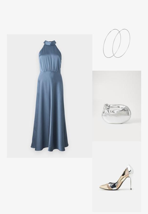 Zila haltera kleita ar teksturētu audumu, pieguļošu augšdaļu un plūstošu svārku, kurai ir elastīga josta un nav redzamu piederumu.; Apspīlēta augstpapēžu kurpe ar zeltītu, sudrabi un neitrālu krāsu kombināciju. Spīguļojoša virsma ar izgriezuma dizainu, aprīkota ar stiletto papēdi.; Sudraba metāliska poga somiņa ar mīkstu, noapaļotu formu un mezgla augšējo aizdari. Izgatavota no gludas mākslīgās ādas materiāla.; Sudraba gredzenveida auskari ar minimālistisku dizainu. Cirkulāra forma, gluda tekstūra un plāns profils. Vieglu svaru ar spīdīgu apdari.