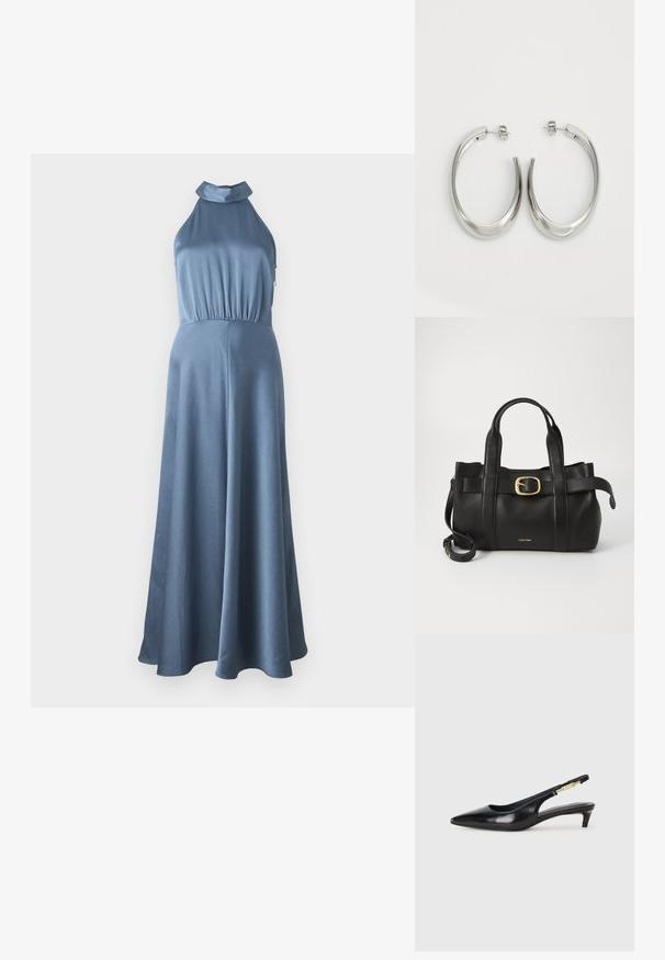 Blue halter neck dress with a textured fabric, fitted bodice, and flowing skirt, featuring an elastic waistband and no visible hardware.; Black leather slingback heels with a pointed toe, featuring a slim heel and a gold-tone accent on the adjustable strap. Smooth texture.; Black leather handbag featuring a structured design, dual top handles, gold-tone buckle accent, and embossed brand logo at the front.; Silver hoop earrings with a smooth, curved design. Features a shiny metallic finish and stud closure. No visible patterns or accents.
