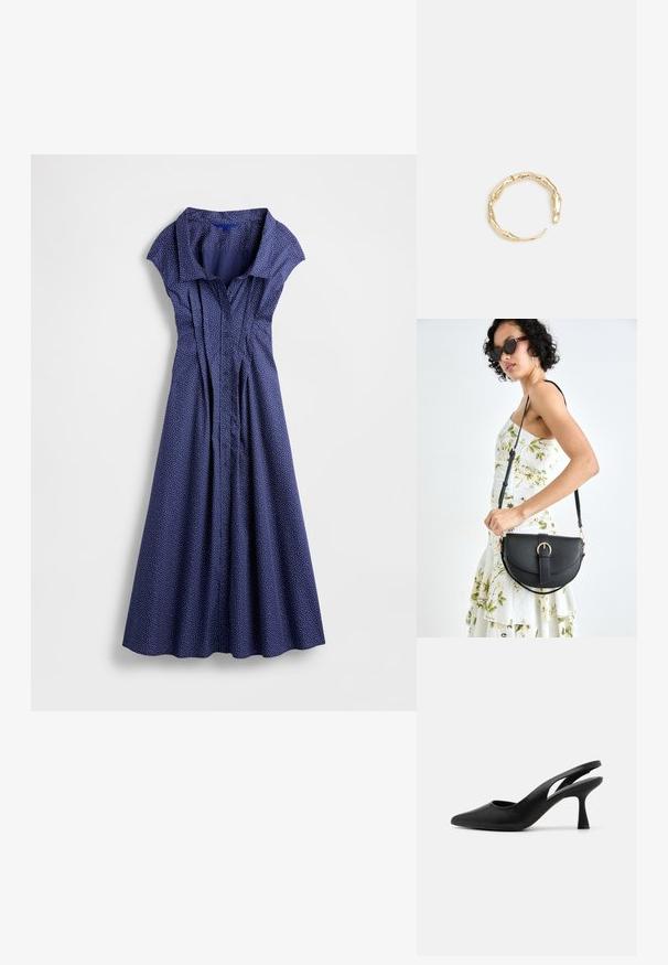 Marineblå kjole med kort, struktureret krave, knaplukning foran og plisseringer. Har hvide polkaprikker og et skørt med udvidet pasform.; Sorte slingback hæle med spids tå, lavet af glat læder. Har et udskåret design og en robust, aftrappet hæl.; Sort læderhåndtaske med en buet form, aftagelig rem og guldfinish. Tasken har en klap med en spænde detalje.; Guld-tone ring med et organisk, snoet design, glat overflade og affasede ender, hvilket skaber et moderne, skulpturelt udseende.