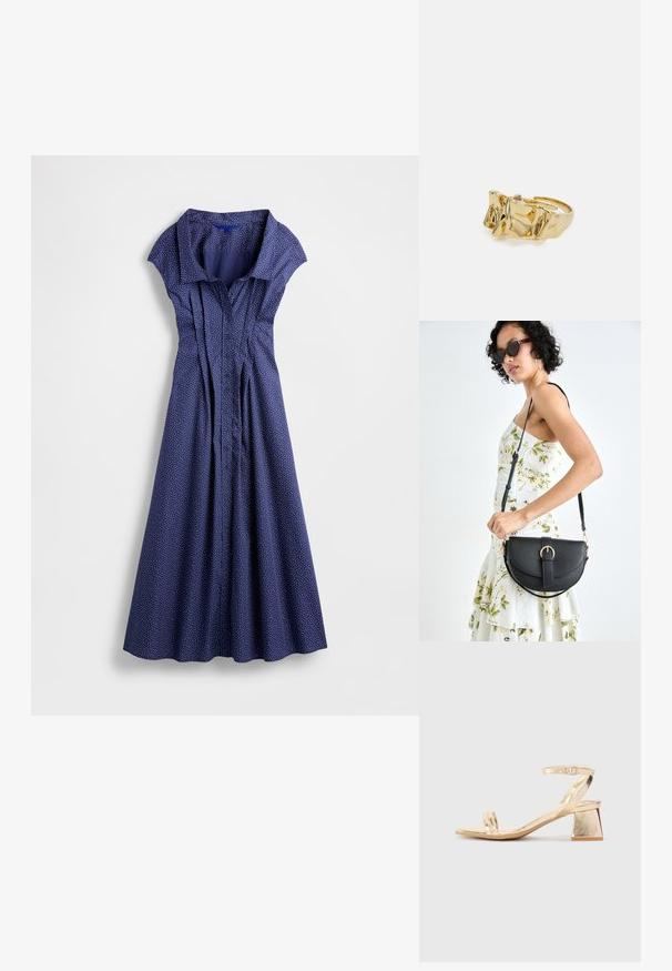 Abito blu navy con colletto corto e strutturato, abbottonatura frontale e pieghe. Presenta pois bianchi e una gonna svasata.; Sandal in metallo dorato con tacco a blocco angolare, due cinghie sul piede e una cinghia alla caviglia regolabile. Tocco liscio.; Borsa a tracolla nera in pelle con una forma curva, manico rimovibile e accessori dorati. La borsa presenta una patta con un dettaglio a fibbia.; Anello d'oro con design testurizzato e ondulato, caratterizzato da tre picchi prominenti. Superficie liscia e lucida con una fascia aperta per una vestibilità regolabile.