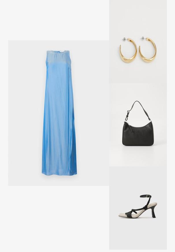 Beijas ilgis mėlynas maxi suknelė, pagaminta iš lygios, blizgios medžiagos, turinti laisvą siluetą ir subtilų gradientą nuo šviesiai mėlynos iki tamsiai mėlynos.; Juodų aukštakulnių sandalų su pintu dirželiu dizainas, kvadratine nosimi ir reguliuojamu kulkšnies dirželiu. Šviesiai bežė padas su blizgiu juodu kulnu.; Juoda odinė rankinė su išlenkta forma, viena dirželiu, užtrauktuko uždarymu ir subtiliu ženklinimu priekyje. Lygus paviršius, minimalistinis dizainas.; Auksinės spalvos apyrankės auskarai su glotnia, kreiva forma. Pagaminti iš metalo, turintys elegantišką apdailą ir užsegimą su smeigėle.