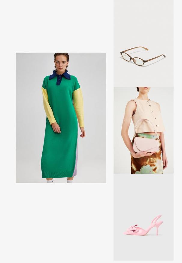Pletené šaty v zelené barvě, s námořnickým límcem, žlutými rukávy a levandulovými postranními panely. Mají knoflíkovou légu a vroubkované manžety.; Růžové lakované slingback podpatky s špičatou špičkou, dekorační mašlí vpředu a štíhlým stiletto podpatkem. Hladká textura.; Hnědé želvovinové brýle s oválnými skly, tenkými bočními nohami a průhlednými akcenty. Obsahují decentní logo na stranu. Elegantní, lehký design.; Růžová kožená kabelka s zakřiveným klopou, jedním ramenním popruhem a čistými liniemi. Taška má hladkou texturu a minimalistický design.