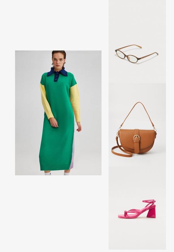Abito in maglia verde, con colletto blu navy, maniche gialle e pannello laterale lavanda. Presenta una fila di bottoni e polsini a coste.; Sandali con tacco in pelle verniciata rosa, con punta quadrata, cinturini stretti e un tacco a blocco geometrico. Presentano un dettaglio con fibbia sul cinturino.; Occhiali tortoiseshell marroni con lenti ovali, aste sottili e dettagli trasparenti. Presentano un logo sottile sulla tempia. Design elegante e leggero.; Borsa a tracolla in pelle marrone con forma curvata, hardware dorato e un dettaglio con fibbia. Presenta una tracolla rimovibile.