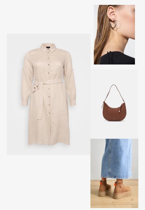 Helebeez värvi linane kleit, millel on krae, pikad varrukad, ees nuppude sulgemine ja vöö, mis on seotud talje ümber.; Pruunid nahatooted platvormikontsad elastsete külgpaneelidega ja oranžide tõmbetuttidega, koos puusani ulatuva heleda denim-seelikuga puidust põrandal.; Pruun faux nahast õlaline kott, millel on kaarjas kuju, minimaalne õmblemine ja kuldse tooni metallist aksessuaar. Omab ülemist tõmblukku ja reguleeritavat rihma.; Hõbedane rõngas kõrvarõngas poleeritud viimistlusega, millel on väikesed kuldsed aktsendid ja ümmargune kuju, kantud lobus.