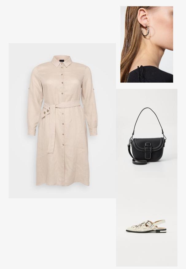 Abito camicia di lino beige chiaro, con colletto, maniche lunghe, chiusura a bottoni frontale e cintura annodata in vita.; Sandali slingback in pelle bianca con più cinturini larghi e fibbie d'argento; suola piatta con un piccolo tacco nero e dettagli metallici.; Borsa a spalla nera in pelle con un design curvo, chiusura a fibbia prominente e dettagli di cucitura bianca. Inclusa tracolla regolabile.; Orecchino a cerchio in argento con finitura lucida, caratterizzato da piccoli dettagli in oro e una forma tondeggiante, indossato sul lobo.