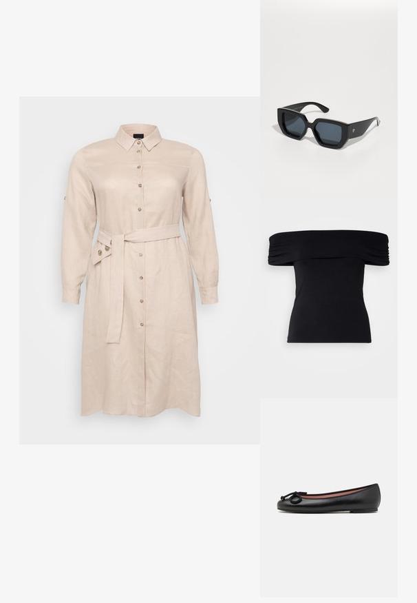 Šviesiai smėlio spalvos linų suknelė, turinti apykaklę, ilgomis rankovėmis, priekinį mygtukų užsegimą ir diržą, kuris rišamas ties liemeniu.; Juodas off-the-shoulder marškinėlis, pagamintas iš minkštos medžiagos. Įrengtos susiraukšlėjimo detalės ant rankovių ir prigludusi siluetas.; Juodo odinio baleto batelio su apvalia nosimi, dekoratyvine juostele ir lygiu paviršiumi. Minimalistinis dizainas su žemu, plokščiu padu.; Juodos didelės saulės akinių su geometriniu raštu, stačiakampiais objektyvais ir blizgiu paviršiumi. Nėra matomo prekės ženklo priekyje.