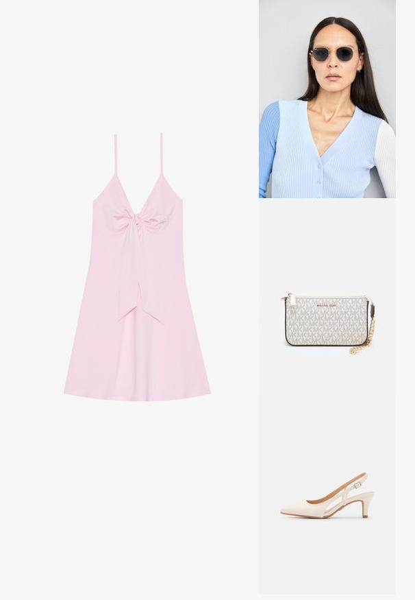 Rosa ärmelloses Kleid mit einem Knoten-Detail vorne und einem ausgestellten Rock. Hergestellt aus weichem Stoff mit einer glatten Textur. Verstellbare dünne Träger.; Weiße Slingback-Absätze mit spitzer Zehenpartie, glattem Obermaterial, niedrigem Blockabsatz und seitlichem Ausschnitt-Design mit verstellbarem Schnallenriemen.; Runde Sonnenbrillen mit dunklen Gläsern und goldenen Rahmen. Das Modell trägt eine hellblaue, gerippte Strickjacke mit Knöpfen und weißen Kontrastärmeln.; Michael Kors Clutch in beige beschichtetem Canvas mit einem wiederholten MK-Logo-Muster, goldfarbener hardware und einem abnehmbaren Kettenriemen.