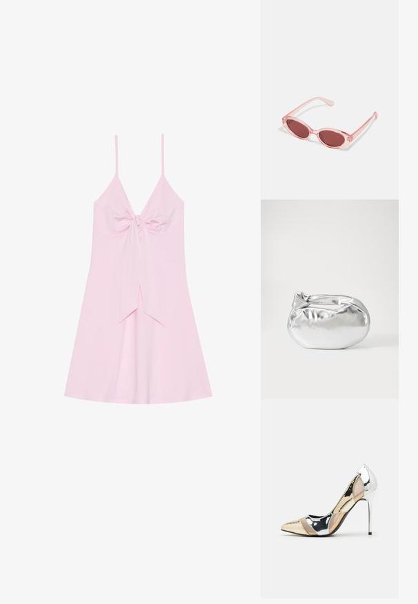 Rožinė be rankovių suknelė su priekinio mazgo detale ir platėjančia sijonu. Pagaminta iš minkštos medžiagos su glotnia tekstūra. Su reguliuojamomis plonomis petnešėlėmis.; Aštrus pirštas aukštakulnis batelis su sidabro, aukso ir nuogų spalvų deriniu. Blizgus paviršius su išpjovos dizainu, su stiletto kulnu.; Rožinės permatomos saulės akinių su ovaliais objektyvais, tamsiai raudonu tonu ir siaurais šonais, kurie pasižymi glotnia danga ir subtiliomis detalėmis ant rėmo.; Sidabrinė metalinė maišelio forma su švelnia, apvalia forma ir mazgu užveriamu viršumi. Pagaminta iš lygios dirbtinės odos medžiagos.